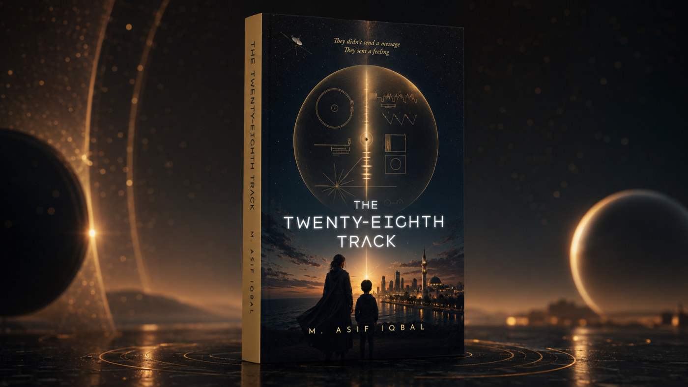 The Twenty-Eighth Track paperback standing against a cosmic backdrop