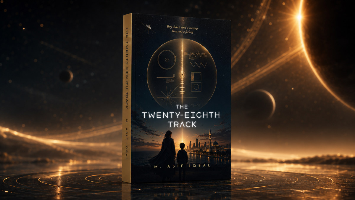 The Twenty-Eighth Track paperback against a cosmic backdrop
