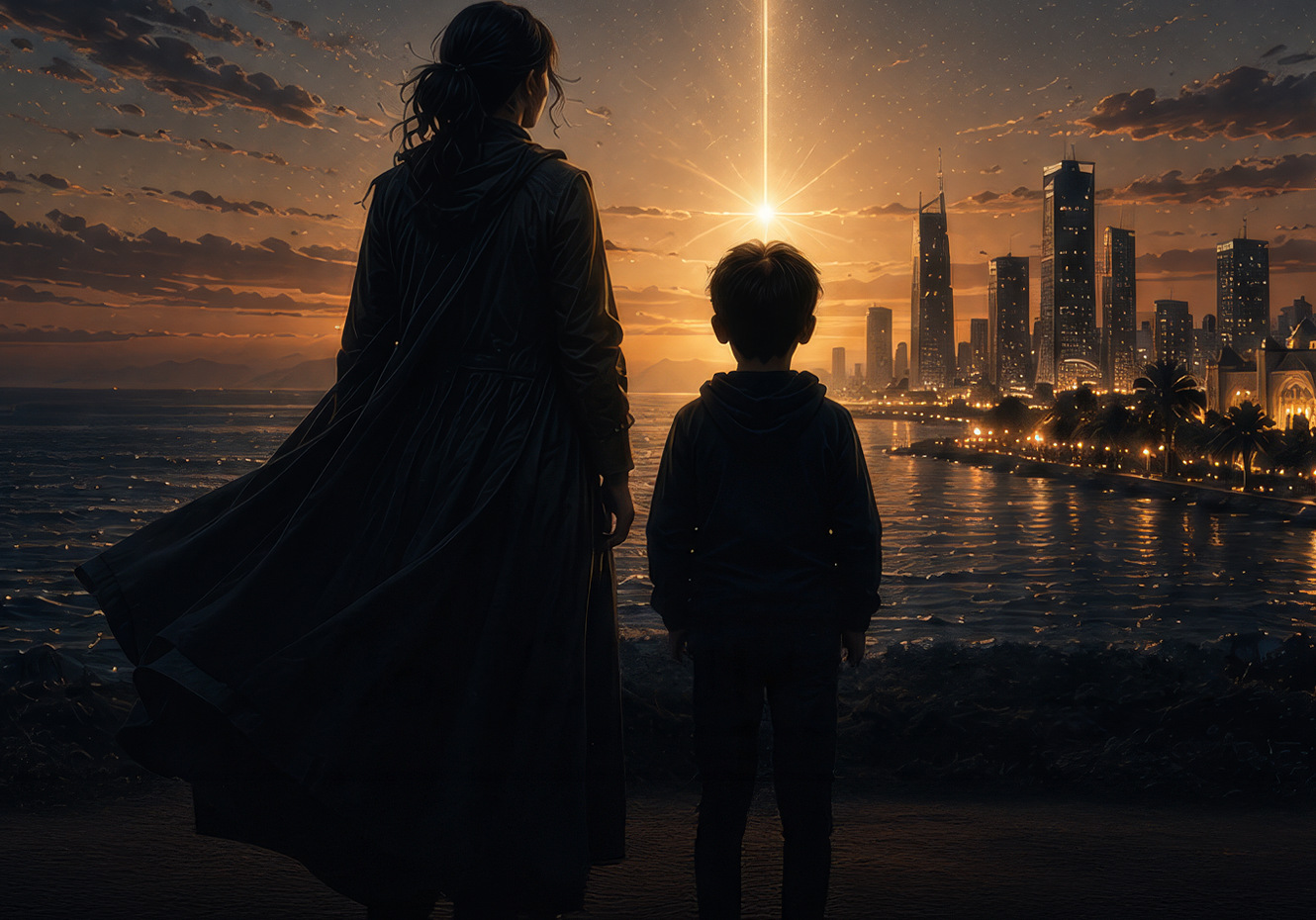 A mother and her young son on the shore, watching the light over Jeddah at dusk